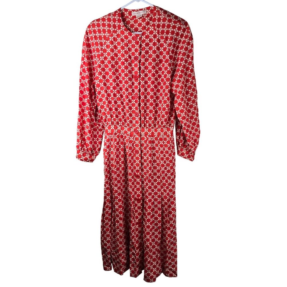 Vintage Halston III Red & White‎ Floral Midi Dress Long Sleeve Button Front